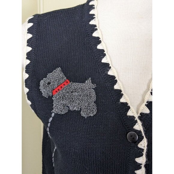 Vintage Sweater Vest Womens M Scottie Dog Novelty Embroidered Fun Button Black - Picture 2 of 6